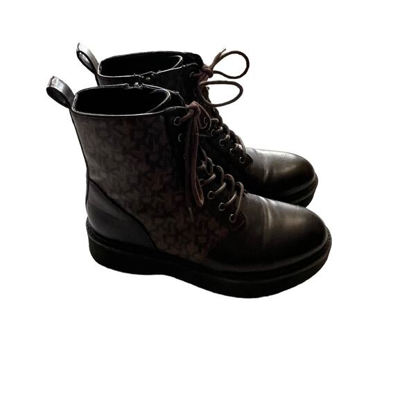 DKNY Women's Size 7.5 M Roselyn Brown Monogram Print Lace Up Combat Boots - Picture 1 of 11